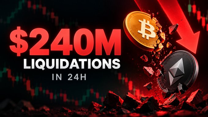 A news graphic showing '$240M LIQUIDATIONS IN 24H' with Bitcoin and Ethereum coins breaking apart amid a downward arrow.