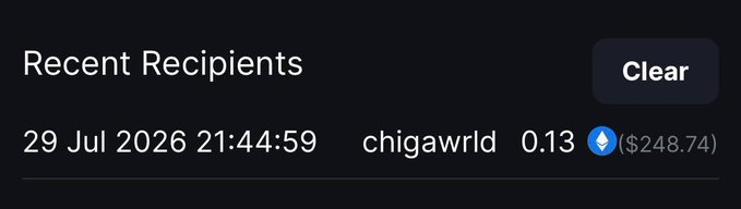 The image shows a "Recent Recipients" notification displaying a transaction dated 29 Jul 2026 21:44:59, where user "chigawrld" received 0.13 ETH (approximately $248.74). This screenshot serves as proof of payment for the $250 MetaWin giveaway win mentioned in the post, confirming the prize was sent to the winner.