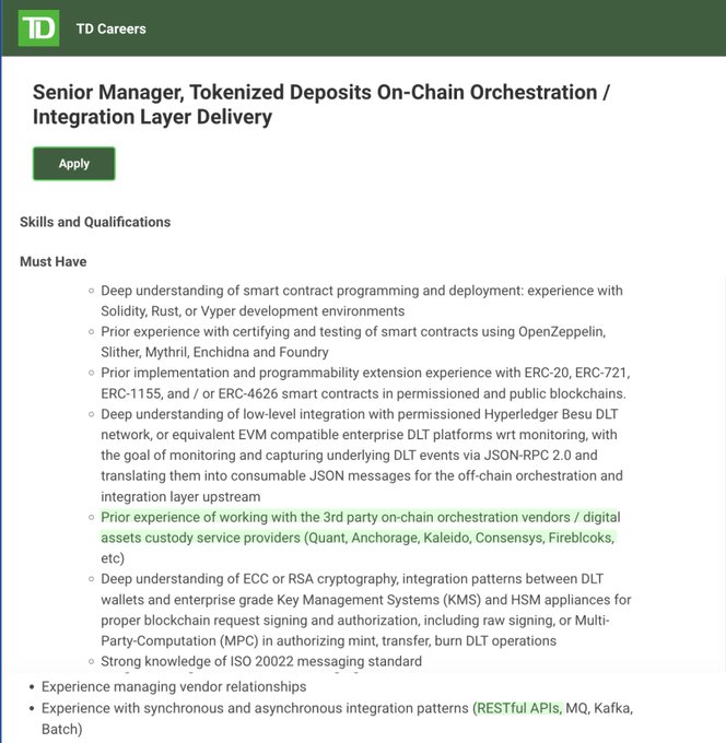 A TD Careers job listing for 'Senior Manager, Tokenized Deposits On-Chain Orchestration / Integration Layer Delivery,' listing required qualifications including smart contract programming (Solidity, Rust, Vyper), OpenZeppelin, ERC standards, and experience with vendors like Quant, Anchorage, and Fireblocks.