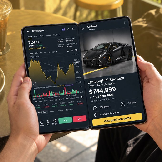 A person holds a foldable smartphone displaying two screens: the left shows a Binance BNB/USDT trading chart at $724.01, and the right shows a Lamborghini Revuelto 2024 listing priced at $744,999 (≈1,028.99 BNB) from Lamborghini Dallas with 682 miles.