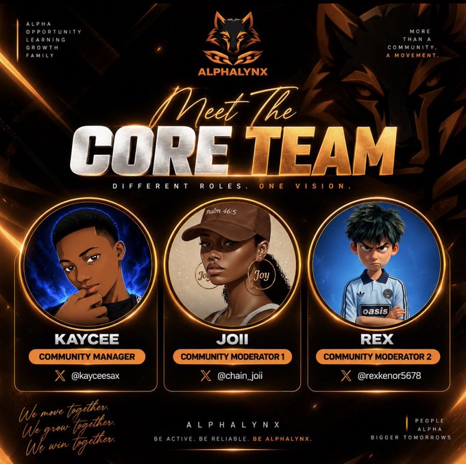 An 'Alphalynx' promotional graphic titled 'Meet The Core Team' featuring three members: Kaycee (Community Manager @kayceesax), Joii (Community Moderator 1 @chain_joii), and Rex (Community Moderator 2 @rexkenor5678).