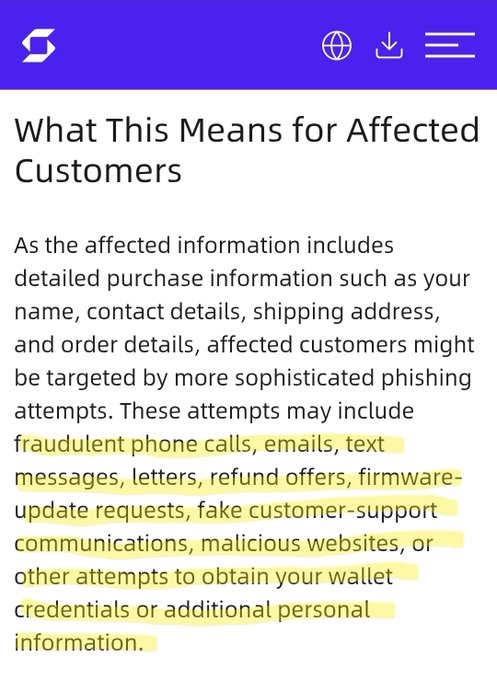A screenshot of a cybersecurity advisory webpage titled 'What This Means for Affected Customers,' warning about potential phishing attempts via fraudulent phone calls, emails, text messages, letters, refund offers, firmware-update requests, fake customer-support communications, malicious websites, and wallet credential theft.