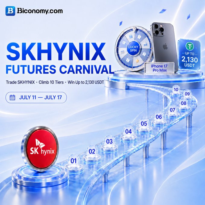 Promotional graphic for Biconomy's "SKHYNIX Futures Carnival" running July 11–17, featuring a glowing 10-tier path from SK Hynix to prizes including an iPhone 17 Pro Max and up to 2,130 USDT via a Lucky Spin wheel.