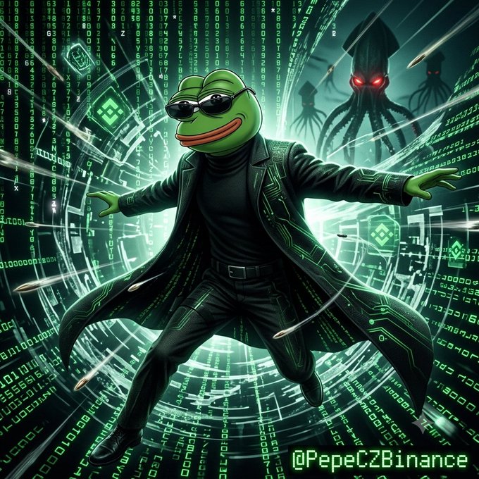 A digital illustration features a stylized green Pepe frog character wearing sunglasses and a Matrix-style black trench coat, posed dynamically against a backdrop of cascading green code and ominous squid-like creatures, with '@PepeCZBinance' text in the corner.