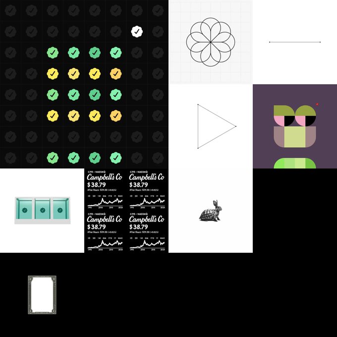 A collage of disparate images includes a grid of green and yellow checkmarks, a flower pattern, a play button, a robotic face, Campbell's soup cans labeled 'CFB - NASDAQ $38.79', a rabbit, and 3D printers.