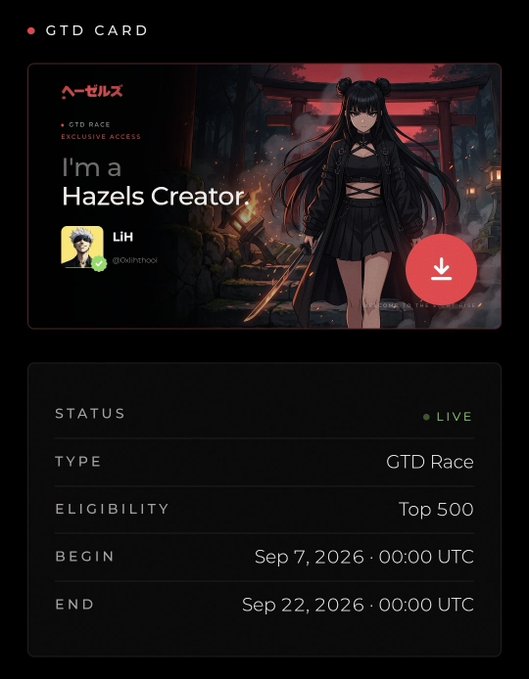 A 'GTD Card' showing 'I'm a Hazels Creator' with anime artwork, creator username 'LiH (@0xlihhoo)', type 'GTD Race', eligibility 'Top 500', running from Sep 7, 2026 to Sep 22, 2026.