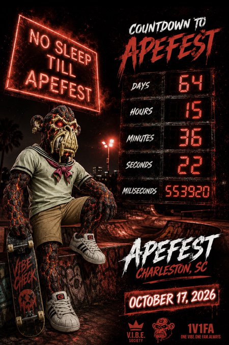 A horror-themed event poster for 'APEFEST' in Charleston, SC on October 17, 2026, featuring a monstrous ape-like creature in a sailor outfit holding a skateboard, with a countdown showing 64 days, 15 hours, 36 minutes, 22 seconds, and a 'NO SLEEP TILL APEFEST' neon sign.