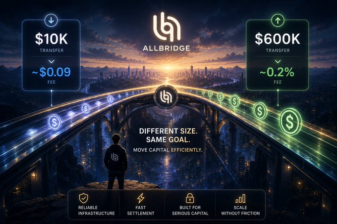 A promotional graphic for 'ALLBRIDGE' displaying two transfer examples—a $10K transfer with a ~$0.09 fee and a $600K transfer with a ~0.2% fee—above the slogan 'DIFFERENT SIZE. SAME GOAL. MOVE CAPITAL EFFICIENTLY.'