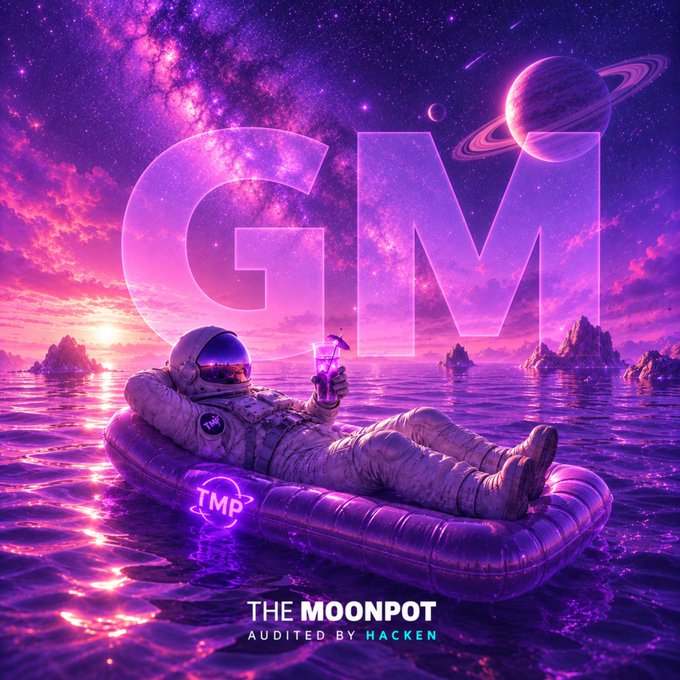 A vibrant purple cosmic-themed promotional graphic for 'THE MOONPOT' (audited by HACKEN), featuring an astronaut floating on an inflatable raft with the letters 'GM' in the sky.