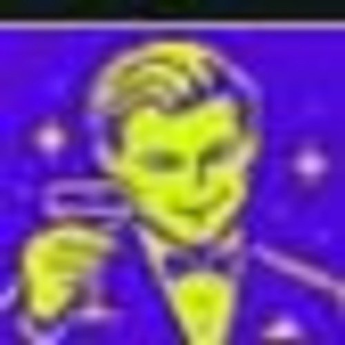 A heavily pixelated and blurry image with inverted colors showing a green-toned man in a suit pointing at the viewer against a purple background.