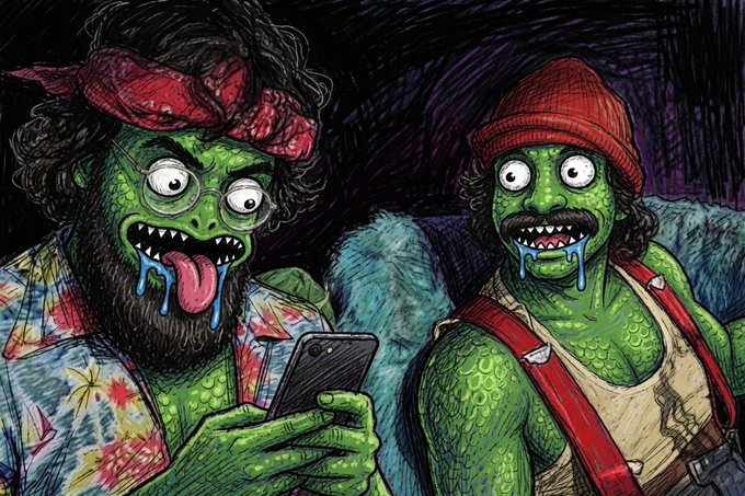 Two cartoon-style green zombie-like characters in Hawaiian shirts, bandanas, and beanies drooling while staring at a smartphone, in a dark textured setting.