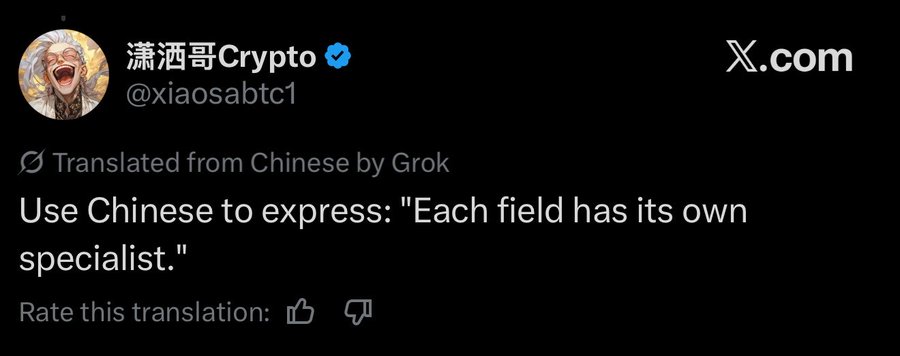 A screenshot of an X.com (Twitter) post by user 'xiaosabtc1' (潇洒哥Crypto) showing a Grok translation prompt that reads 'Use Chinese to express: "Each field has its own specialist."'