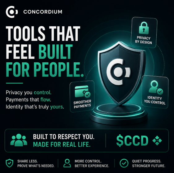 Concordium ($CCD) showcases its user-focused approach through a sleek shield graphic highlighting three pillars—Privacy by Design, Smoother Payments, and Identity You Control—reinforcing the post's message of building accessible crypto tools with "More Control, Better Experience" for real-life users.