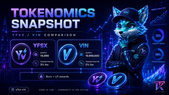 A neon-styled "Tokenomics Snapshot" comparison graphic for **YFSX** and **VIN**, featuring a blue fox mascot in a "VIN" cap, highlighting that both tokens share a supply of 19,999/19,999,000 with 3% and 2% transaction fees respectively, plus burn and LP rewards, aligning with the post's focus on transparent tokenomics and fee distribution.