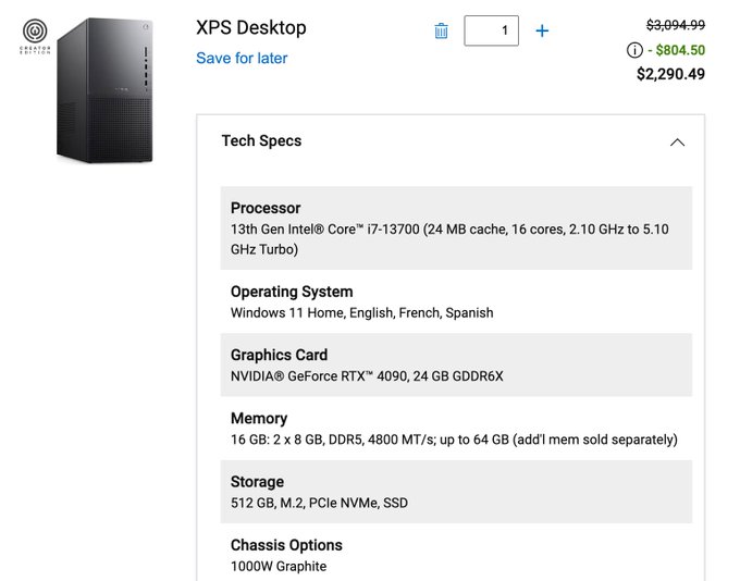 The image shows a Dell XPS Desktop spec sheet featuring an NVIDIA GeForce RTX 4090 (24GB GDDR6X) and Intel Core i7-13700 processor, priced at $2,290.49 (discounted from $3,994.99). The screenshot supports the post's claim that the user purchased this 2.5 years ago for $2,290, with the GPU alone now valued over $3,000.
