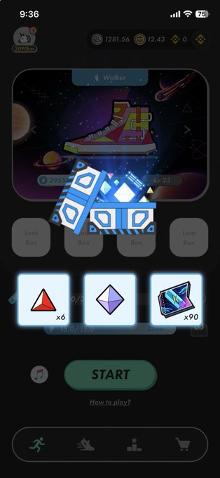 A mobile game screen showing a 'START' button below three reward boxes with items (red triangle x6, purple gem, and crystal x90), with a balance of 1281.56 and 12.43 at the top.