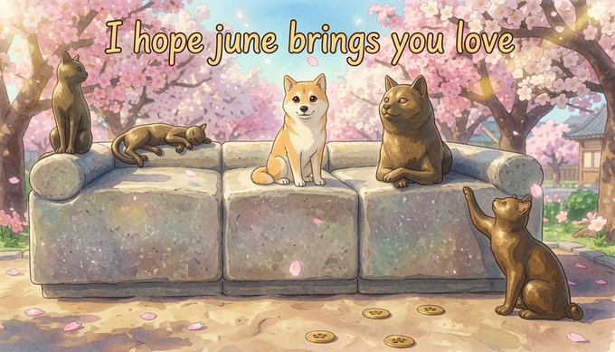 The image features a cartoon cat sitting on top of a couch with other cats around it. The text "I hope June brings you love, peace, courage & abundance" is written above the cat.