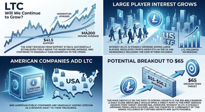 The image is an infographic titled "LTC Will We Continue to Grow?" divided into four blue-themed panels highlighting Litecoin's bullish outlook: the top-left panel shows a rising chart indicating momentum upward after bouncing from $41.5 support above the MA200 moving average; the top-right panel, "Large Player Interest Grows," depicts businesspeople and a US ETF logo, noting that regulated crypto index ETFs are increasingly including LTC and LTC holdings are increasing; the bottom-left panel, "American Companies Add LTC," features a map of the USA and a Litecoin cube, stating American public companies are adding Litecoin as a reserve asset; the bottom-right panel, "Potential Breakout to $65," illustrates the $55-$56.2 resistance barrier with a medium-term price target of $65, suggesting strong interest could push LTC past this range.