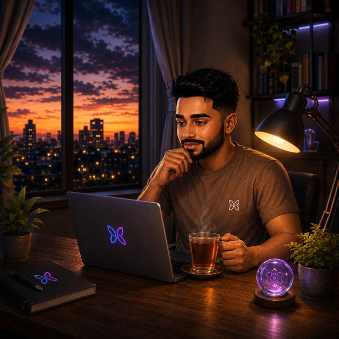 An illustrated scene of a man sitting at a desk with a laptop at night, looking out a window at a city skyline during sunset, with a cup of tea nearby.