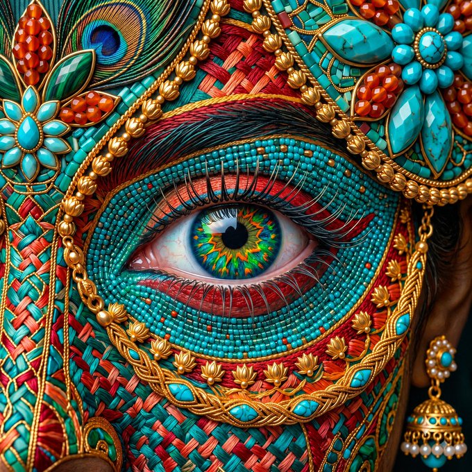 Vibrant digital artwork depicting a highly detailed, ornate face decorated with turquoise beads, gold jewelry, peacock feathers, and gemstones, featuring a striking multicolored eye.