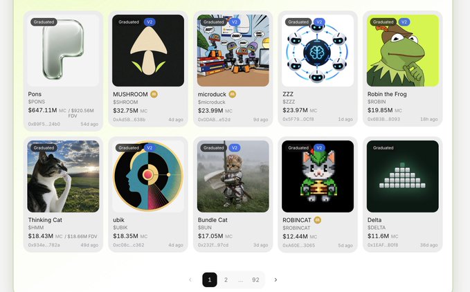 A screenshot of an NFT marketplace page displaying a grid of 'Graduated' meme coin listings, including names like Pons ($647.11M), MUSHROOM ($32.75M), microdick, ZZZ ($23.97M), Robin the Frog ($19.85M), Thinking Cat ($18.43M), ubik ($18.35M), Bundle Cat ($17.05M), ROBINCAT ($12.44M), and Delta ($11.6M).