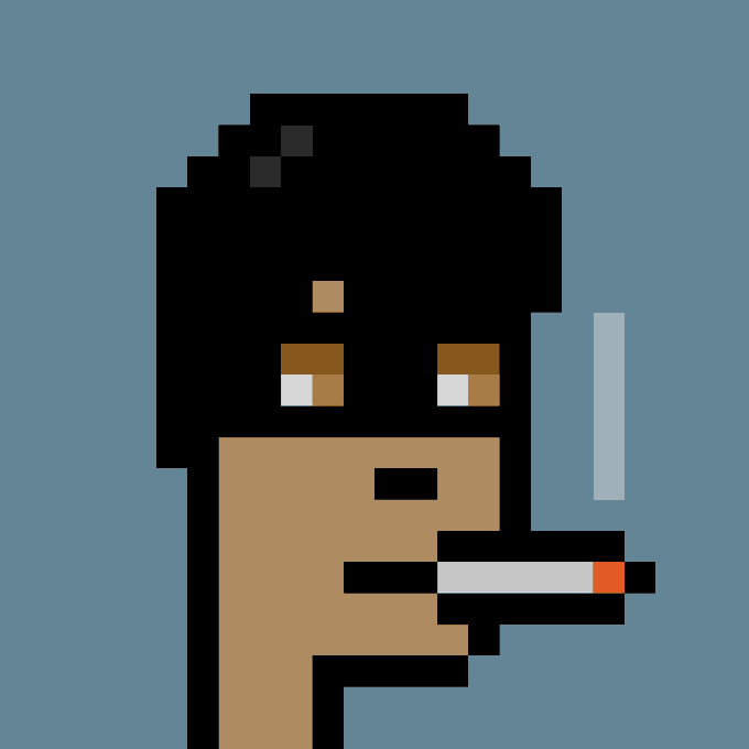 Pixel art style illustration of a person with dark hair smoking a cigarette against a blue background.