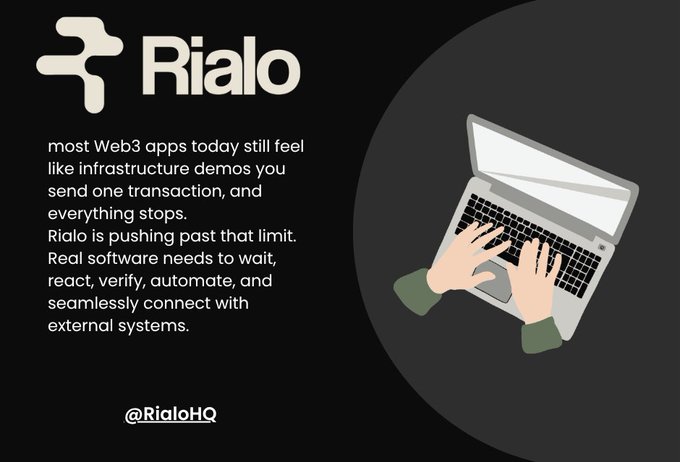 An advertisement for Rialo with their logo, stating that most Web3 apps feel like infrastructure demos that stop after one transaction, and that Rialo pushes past that limit, with the handle @RialoHQ.