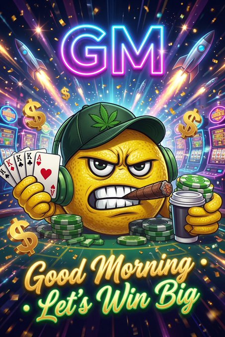 A vibrant digital illustration features a cartoon lemon wearing a green cannabis-leaf cap and headphones, holding royal flush poker cards, a cigar, casino chips, and a coffee cup, with neon 'GM' text above and 'Good Morning · Let's Win Big' below, surrounded by slot machines and dollar signs.