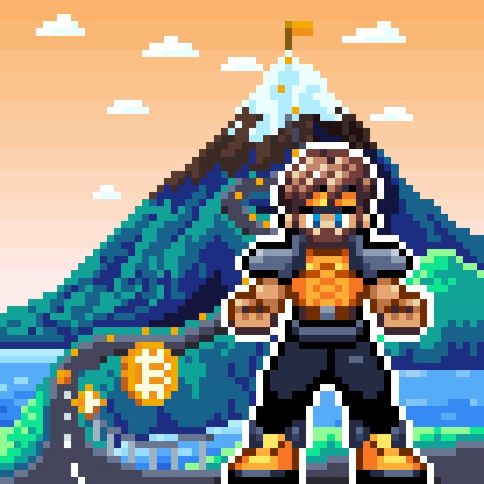 Pixel art illustration of a bearded character wearing a vest, standing in front of a snow-capped mountain at sunset, holding a coin with a Bitcoin-style 'B' symbol.