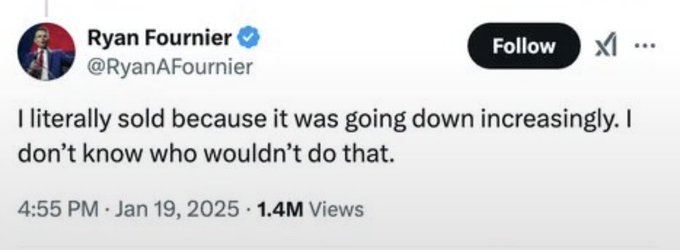 A tweet from Ryan Fournier (@RyanAFournier) dated January 19, 2025, reads: "I literally sold because it was going down increasingly. I don't know who wouldn't do that." The post has 1.4M views. The accompanying post references bearish sentiment from someone who sold a declining asset, contrasting with views that others remain bullish on a "mechanism" token, suggesting that retailers like Fournier have exited while trenchers (likely Solana-based traders) haven't yet entered.