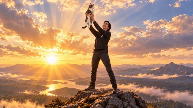 A triumphant man stands atop a mountain peak at sunrise, hoisting a cat high above his head against a dramatic sky filled with golden sunrays breaking through the clouds.

The image powerfully mirrors the bullish sentiment of the post—"GOOODDD MORNING BULLS SEND EVERYTHING HIGHER"—evoking a victorious, rally-like moment as the sun rises over the horizon, symbolizing a new bullish day lifting markets higher.
