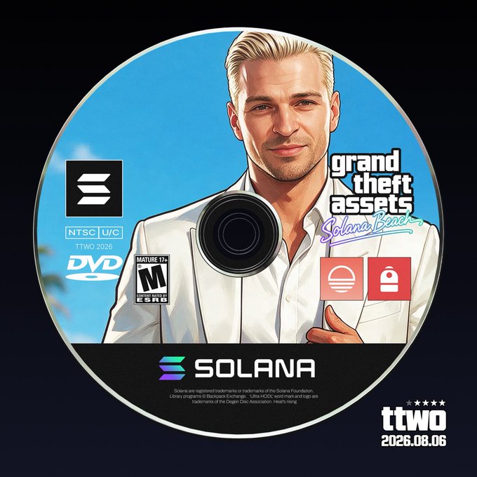 A parody video game DVD cover for 'Grand Theft Assets Solana Beach' featuring an illustrated blond man, the Solana logo, and text reading 'SOLANA' and 'ttwo 2026.08.06'.