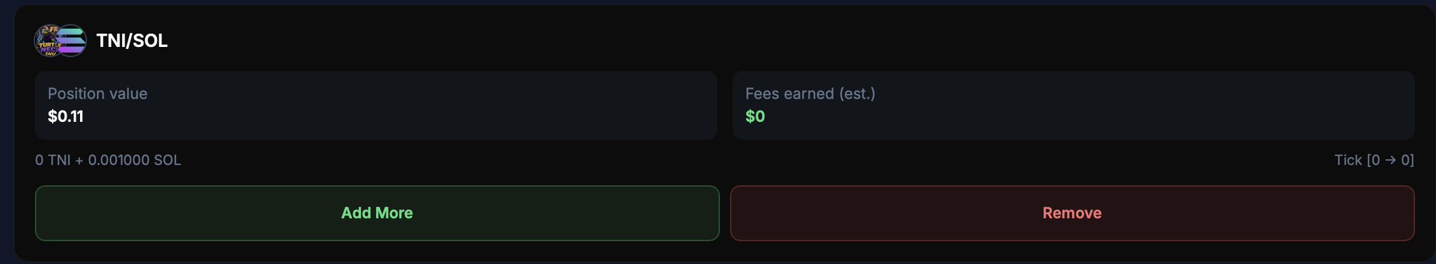 A dark-themed interface displays a liquidity pool position for TNI/SOL with a position value of $0.11, fees earned at $0, holdings of 0 TNI + 0.001000 SOL, and a "Tick [0 → 0]" indicator. The post describes Pulswitch's new liquidity pool feature, where members can back coins with SOL and earn fees from trades, with an "Add More" button visible to increase the deposit.