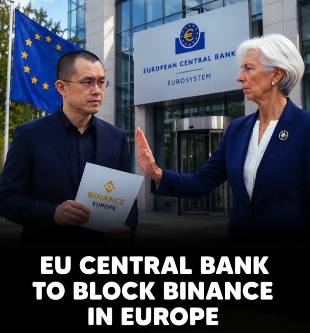 A man holding a folder labeled 'BINANCE EUROPE' stands in front of the European Central Bank building as a woman in a blue suit gestures to stop him, with text reading 'EU CENTRAL BANK TO BLOCK BINANCE IN EUROPE'.