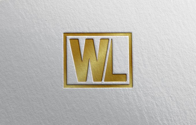 A metallic gold 'WL' monogram logo is embossed on a textured light gray background.