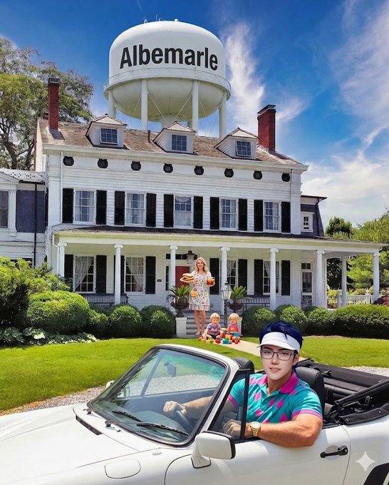 A woman with two children on the lawn of a large white house topped with a water tower labeled 'Albemarle', with a young man in a visor and glasses posed in a white convertible in the foreground.