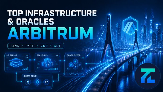 A graphic titled "TOP INFRASTRUCTURE & ORACLES ARBITRUM" featuring logos for LINK, PYTH, ZRO, and GRT, along with diagrams of L2 Rollups, Sequencers, and Oracle Feeds over a futuristic city background.
