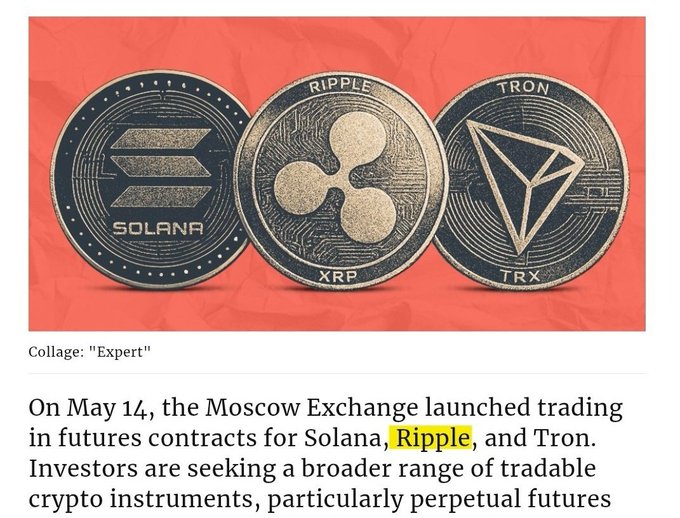 The image is a collage titled "Expert" featuring three large cryptocurrency coins labeled "SOLANA," "RIPPLE," and "TRON" against a pink background. Below the collage is text announcing that on May 14, the Moscow Exchange launched futures trading for Solana, Ripple, and Tron, which connects to the post's reference of Russia and $XRP by highlighting Ripple's inclusion in MOEX's new crypto derivatives offering.