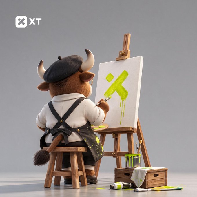 A bull artist wearing a beret paints a bold green "X" on a canvas, with "XT" displayed in the top-left corner—symbolizing the creative, forward-looking spirit of building something new, one stroke at a time. The artwork visually echoes the post's message about shaping what comes next through continuous creation.