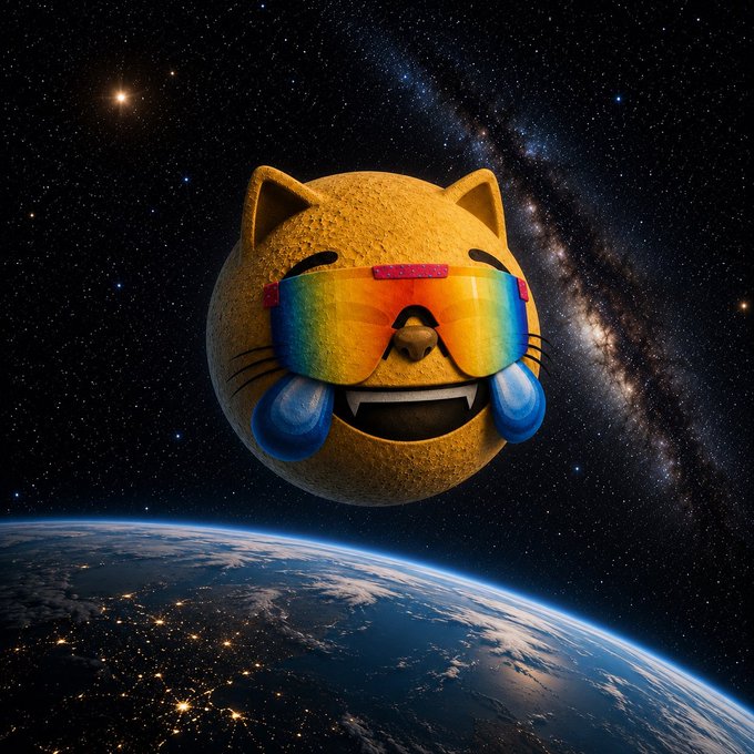 A cat-faced emoji wearing rainbow ski goggles and fangs floats in space above Earth, set against a starry galaxy backdrop, visually representing the "$MOG moon soon" post by depicting the playful meme coin's hopeful journey to the moon.