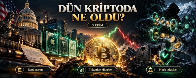 A banner in Turkish titled 'Dün kriptoda ne oldu? 5 Ekim' (What happened in crypto yesterday? October 5th), depicting Bitcoin, stock charts, US Capitol, and icons for Regülasyon, Tokenize Hisse, and Hack Akışları.