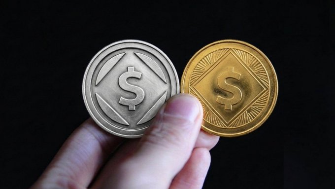 A hand holds two stylized coins—one silver and one gold—each stamped with a dollar sign, symbolizing cryptocurrency assets like SOL and USDC that can be swapped anytime on Startale App's 24/7 platform.
