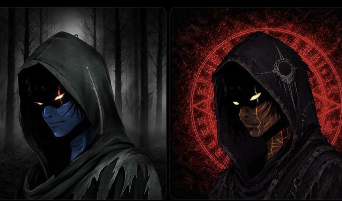 A dark fantasy side-by-side illustration of a hooded figure with glowing eyes, shown on the left against a misty forest and on the right against a red mystical sigil.