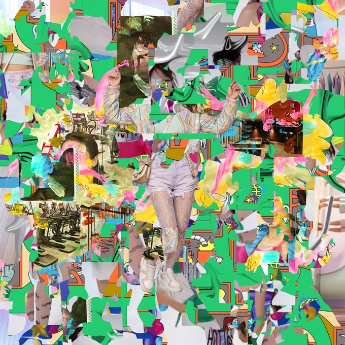 A chaotic digital collage or glitch art piece filled with brightly colored fragments, including a central figure wearing white shorts and sneakers amid various pop culture and abstract imagery.