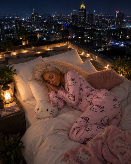 A young woman in a pink Hello Kitty onesie sleeps peacefully on a rooftop bed, cuddling a Hello Kitty plush pillow under string lights and the glowing New York City skyline. The image's stunning aerial view of the city lights ties perfectly to the "Goodnight CT" caption, capturing a serene nighttime moment overlooking the urban landscape.