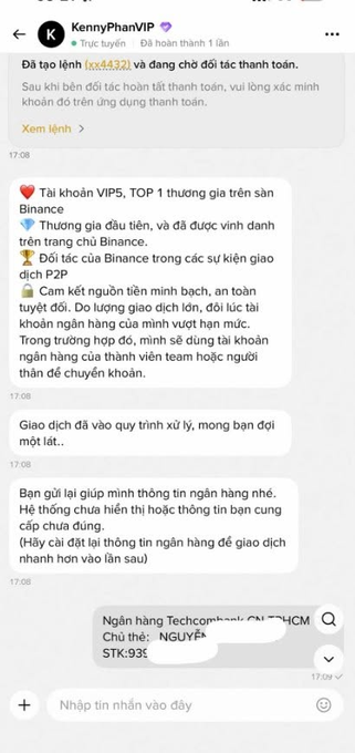 A Vietnamese-language Telegram conversation from user "KennyPhanVIP" discussing transferring VIP5 Binance account information, asking for banking details for Techcombank in HCM.