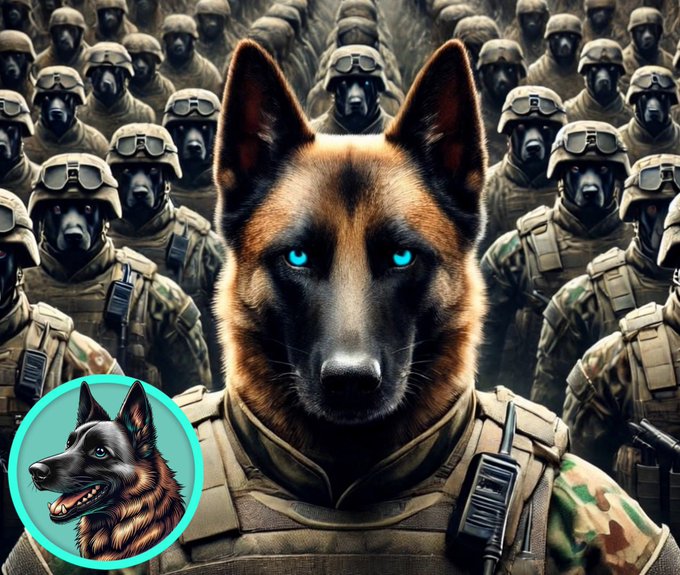 An AI-generated image of a German Shepherd with glowing blue eyes wearing military tactical gear, surrounded by an army of similarly equipped dogs with helmets and goggles; a circular inset shows a black German Shepherd profile.