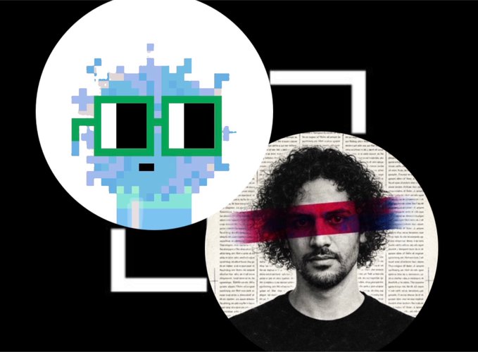 A pixel-art blue avatar with green square glasses overlaps with a black-and-white photo of a curly-haired man on a newspaper-text background, who has a red "censorship bar" across his eyes—visually representing the transition from an anonymous crypto identity to a more personal, recognizable "same account, new chapter" identity.