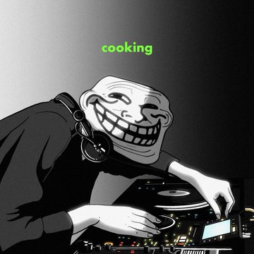 A trollface meme wearing headphones and DJing on turntables appears under the green text "cooking," humorously symbolizing that the $troll crypto project is "cooking up" something big with its new Crypto.com listing, while still targeting Binance and Robinhood next.