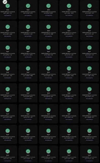 A grid of approximately 35 duplicate Solana wallet confirmation notifications, each displaying green checkmarks and "Confirmed" success messages. The repetitive image of wallet confirmations visually reinforces the airdrop post's claim of sending $104 to the first 500 Solana wallets.